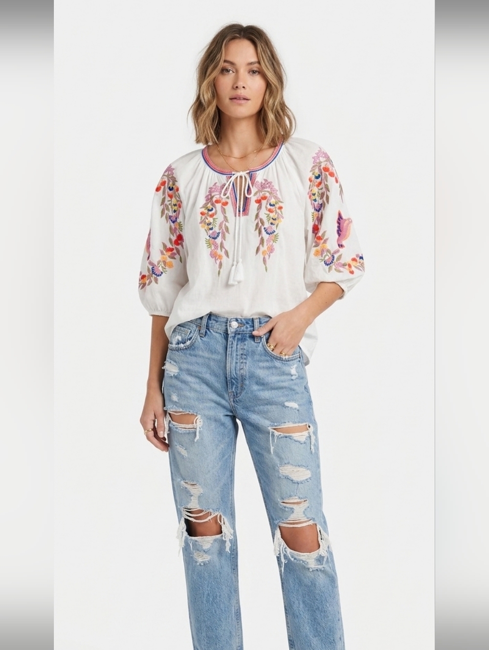 Luna Moon Women's Boho Floral Embroidered Top Large